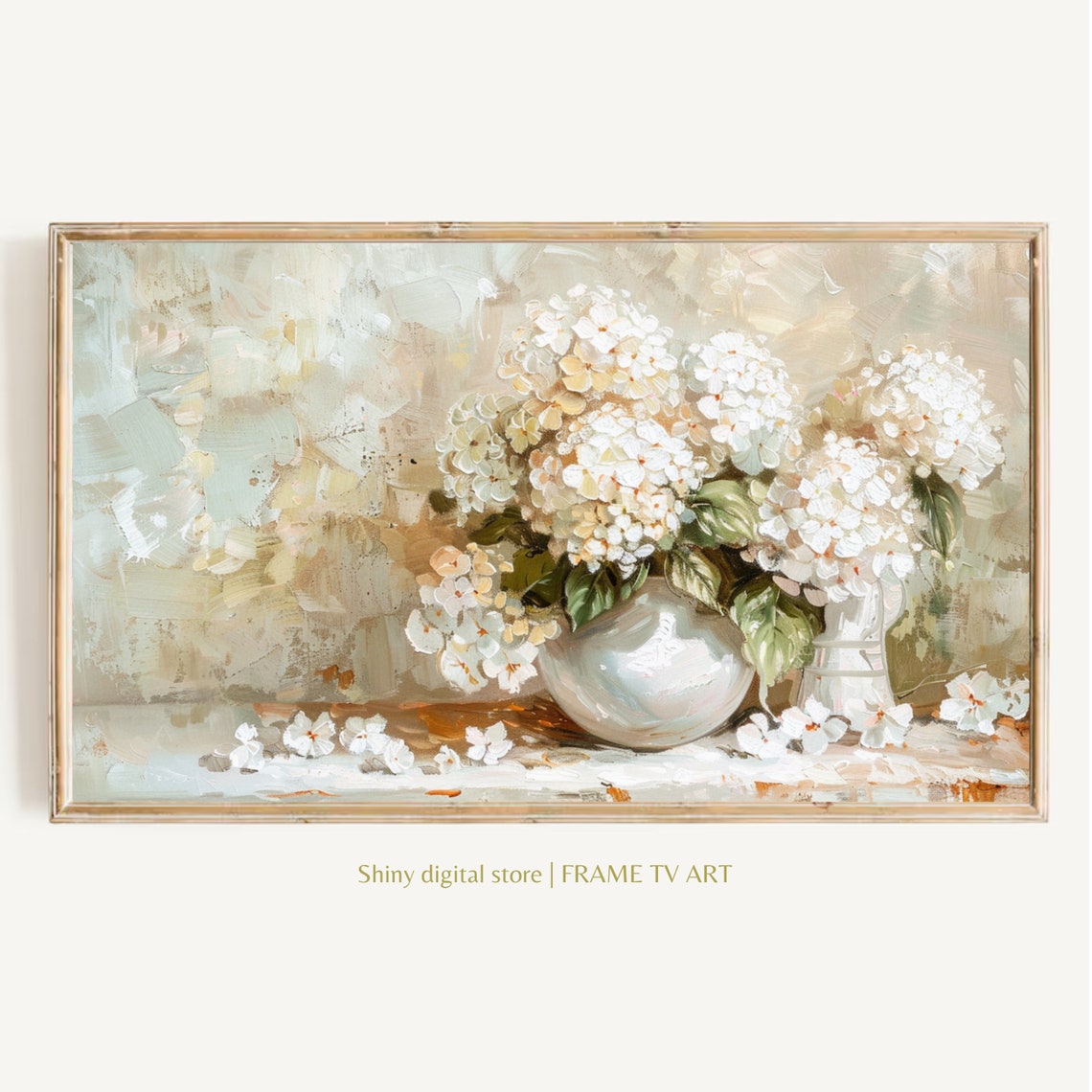 White Hydrangeas In Vases Soft Neutral Floral Oil Painting Poster