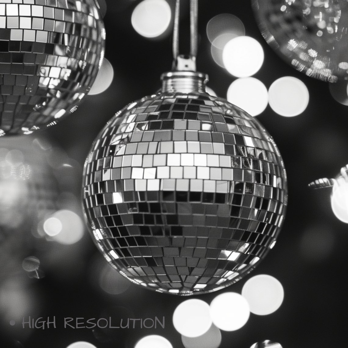Disco Ball Close Up Black White Bokeh Party Sparkle Wall Art Print - Image 3