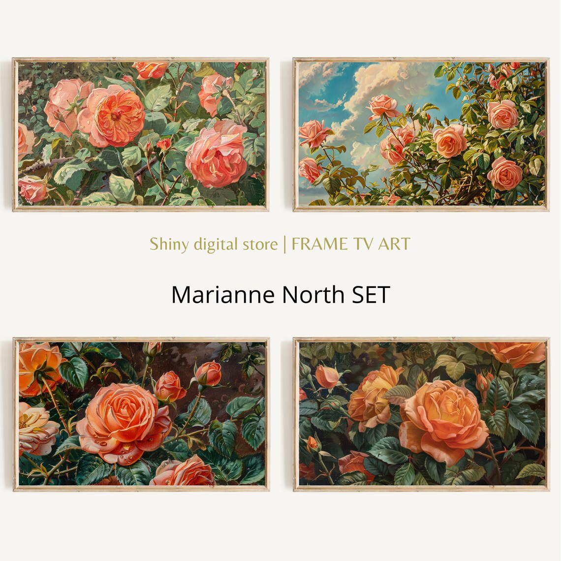 Set Of 4 Peach Orange Rose Paintings Vintage Botanical Wall Art