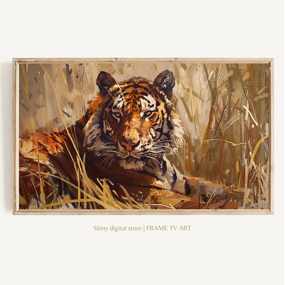 Majestic Tiger Resting In Golden Grass Safari Wildlife Painting Wall Art Print
