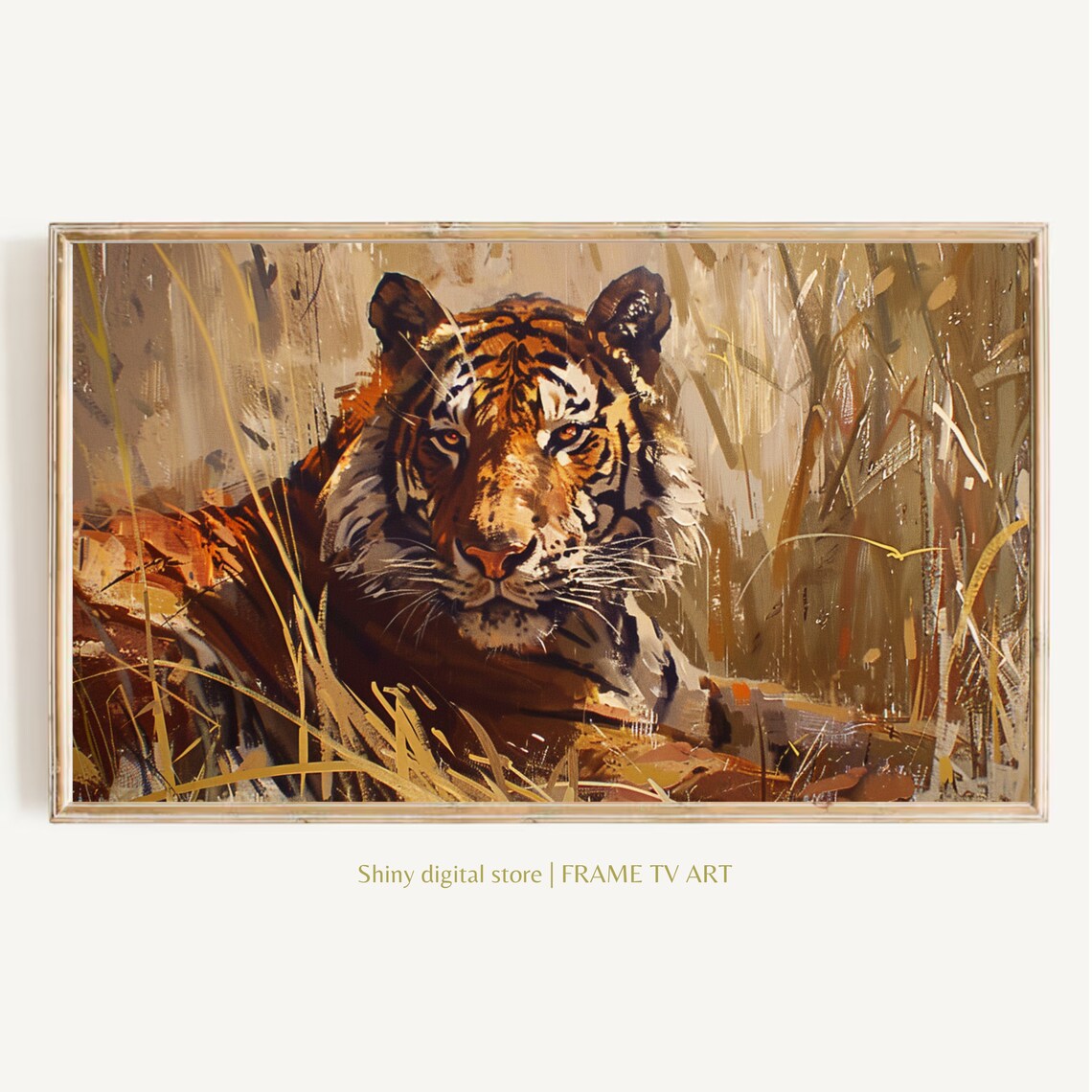 Majestic Tiger Resting In Golden Grass Safari Wildlife Painting Wall Art Print