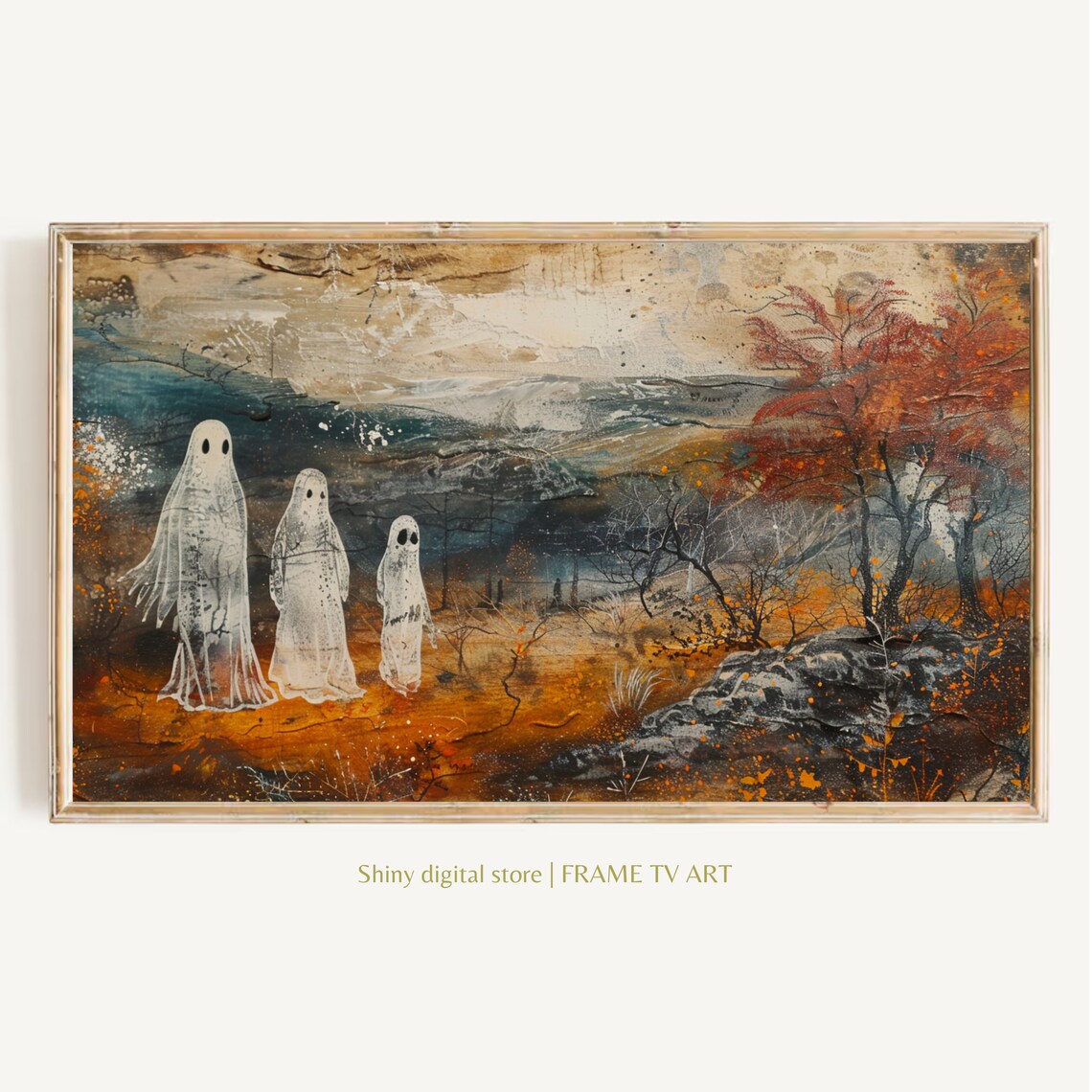Three Ghosts Autumn Woods Fall Landscape Spooky Halloween Painting Poster