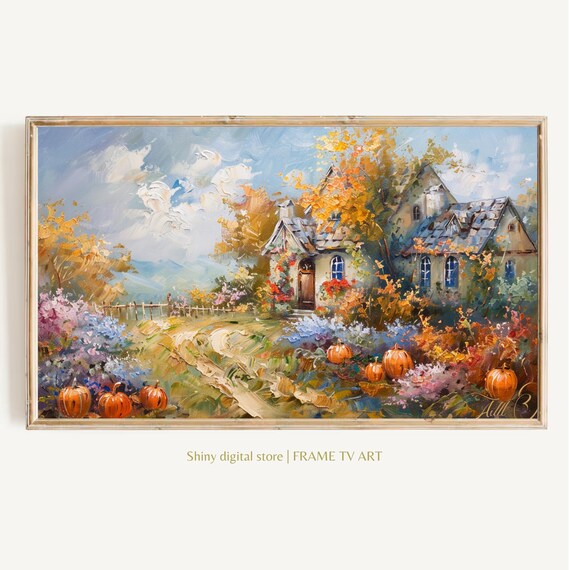 Autumn Stone Cottage Painting Cozy Fall Garden Pumpkins Country Art Poster