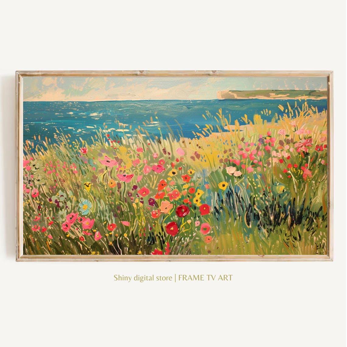 Frame Tv Art Summer Wildflower Field By Sea Vintage Spring Field Of Flowers Tv Art Warm Tone Cottagecore Tv Art