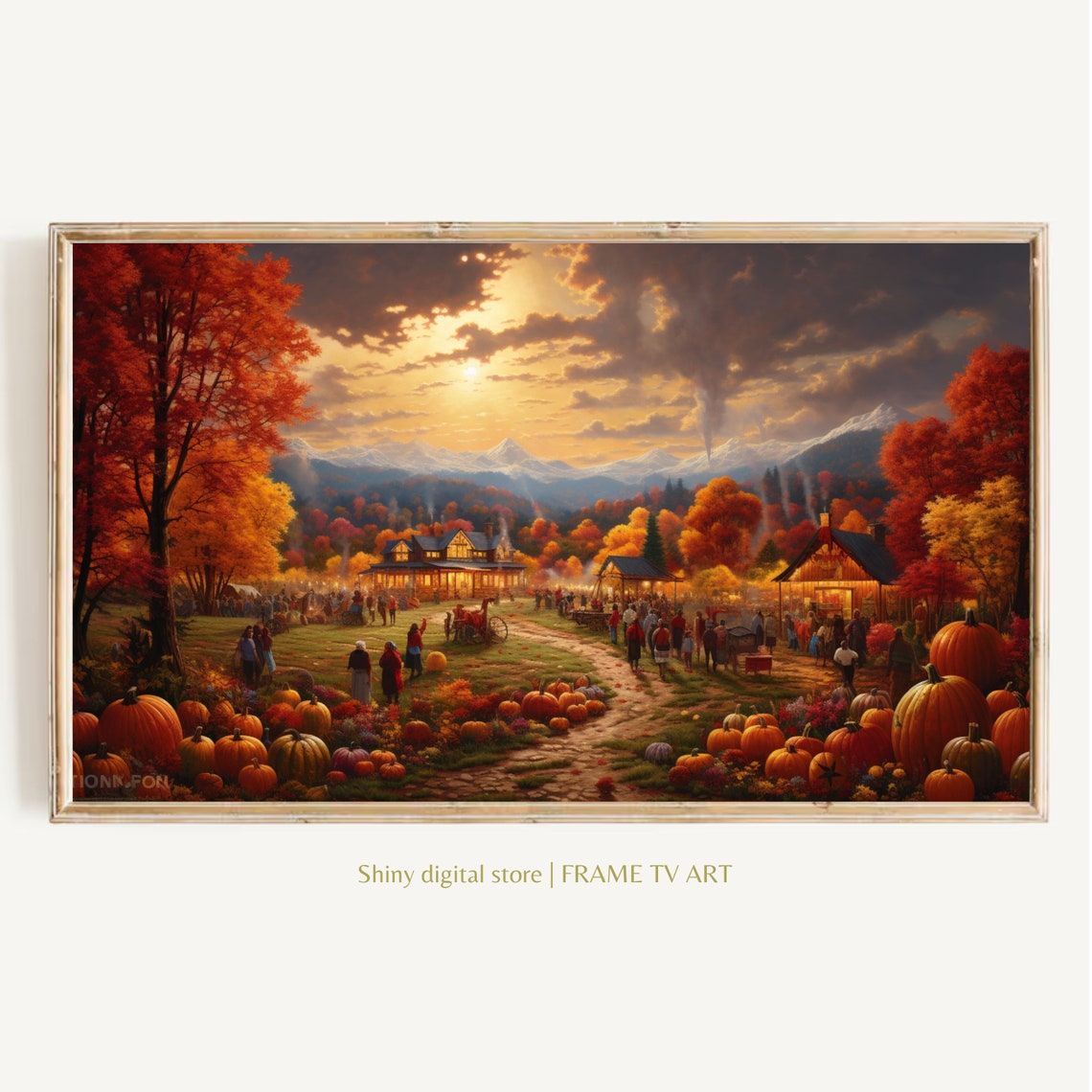 Fall Harvest Gathering Farm Pumpkins Sunset Landscape Painting Poster