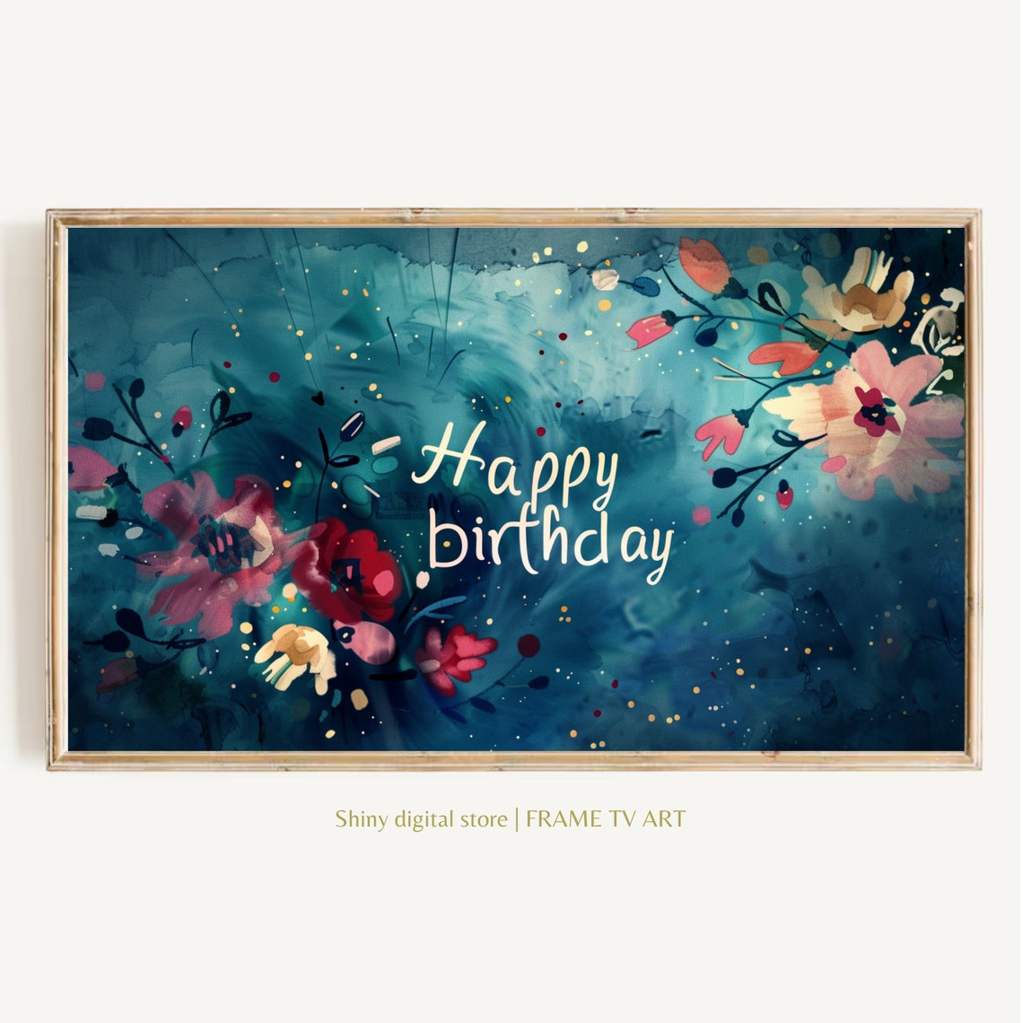 Happy Birthday Teal Watercolor Floral Celebration Script Art Poster
