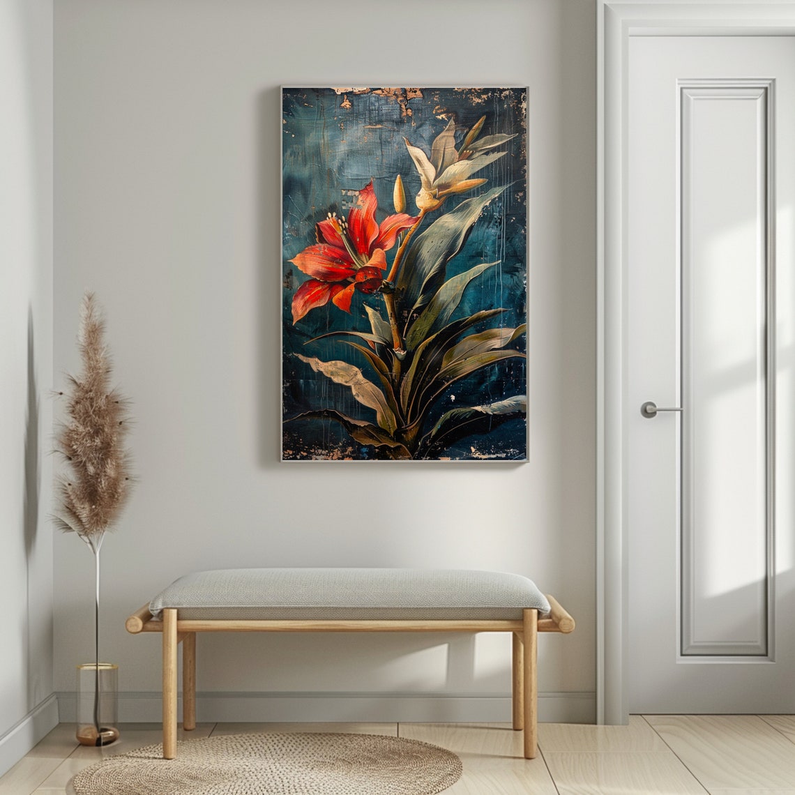 Red Amaryllis Lily Dark Teal Distressed Vintage Botanical Art Poster - Image 2