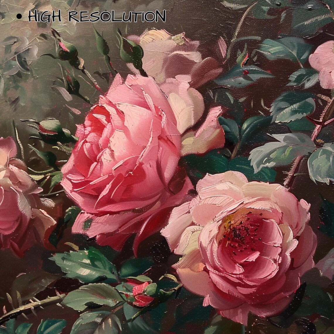 Pink Roses Oil Painting Dark Background Garden Vintage Art Print - Image 3
