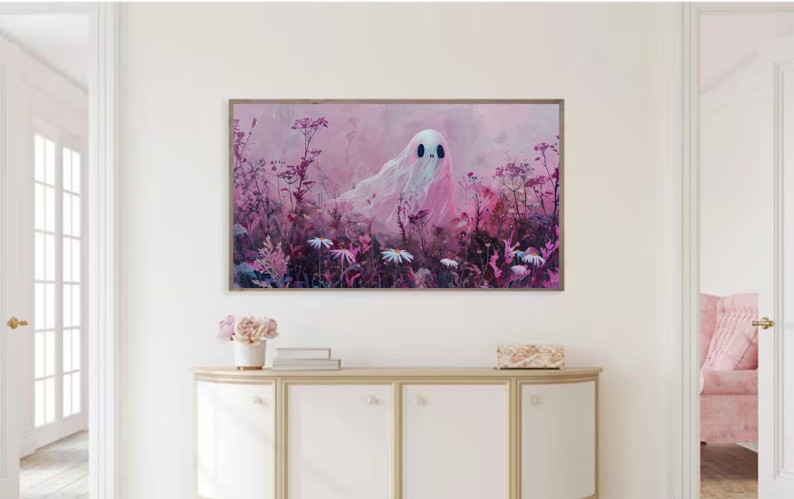 Ghost In Pink Wildflower Field Daisies Dreamy Halloween Art Poster - Image 2