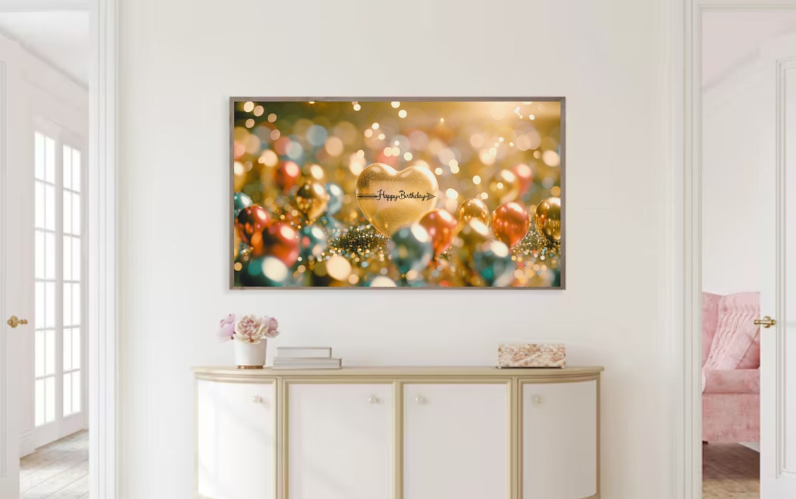Happy Birthday Gold Heart Balloon Glitter Party Celebration Art Poster - Image 2