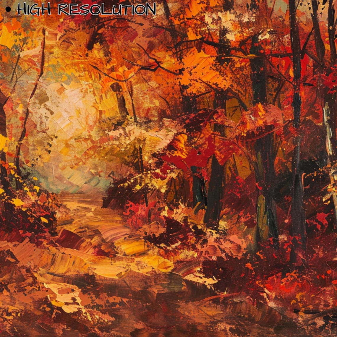 Fiery Autumn Forest Path Fall Foliage Impressionist Landscape Wall Art - Image 3