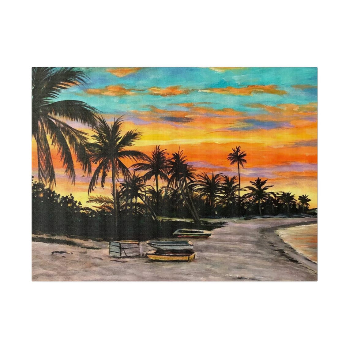 Tropical Palm Beach Sunset Orange Sky Beached Boats Island Poster - Image 5