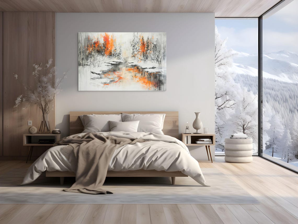 Winter Stream Snowy Forest Orange Trees Reflection Scenic Poster - Image 3