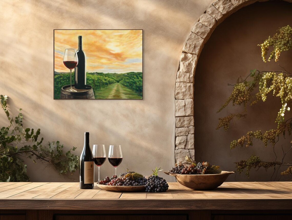 Wine Bottle Glass Barrel Vineyard Sunset Golden Sky Country Poster - Image 3