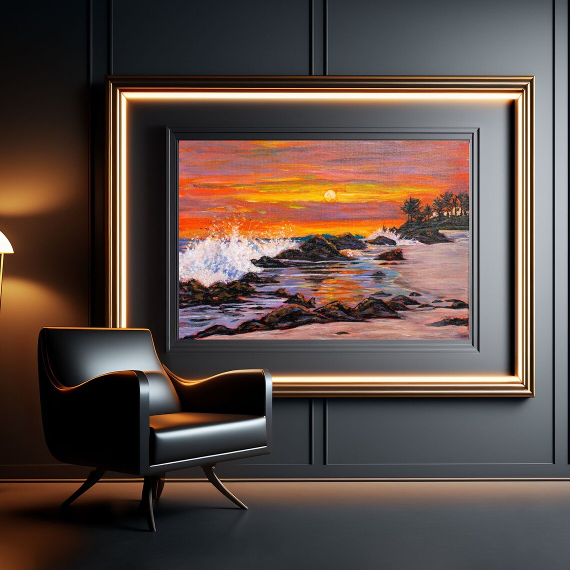 Rocky Shore Sunset Waves Crashing Golden Orange Seascape Poster - Image 2
