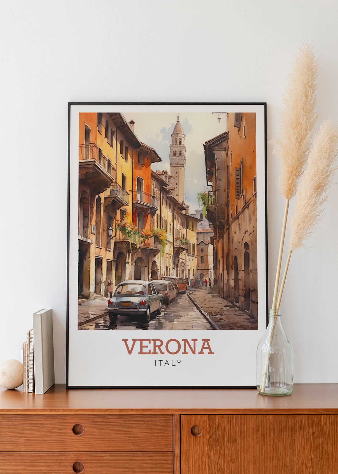 Verona Italy Historic Street Old Tower Watercolor Travel Poster - Image 2