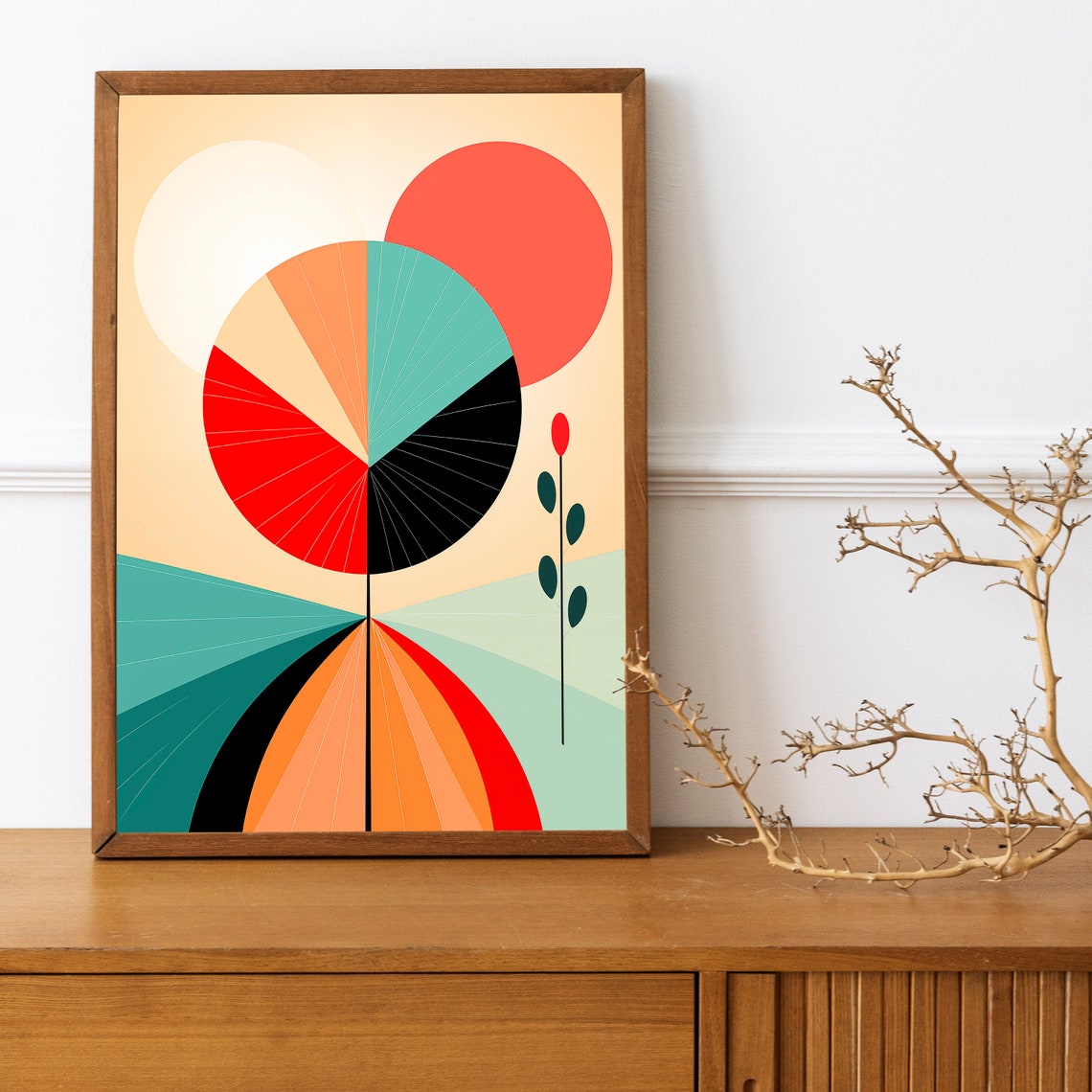 Geometric Sunburst Flower Coral Teal Black Retro Boho Art Print - Image 3