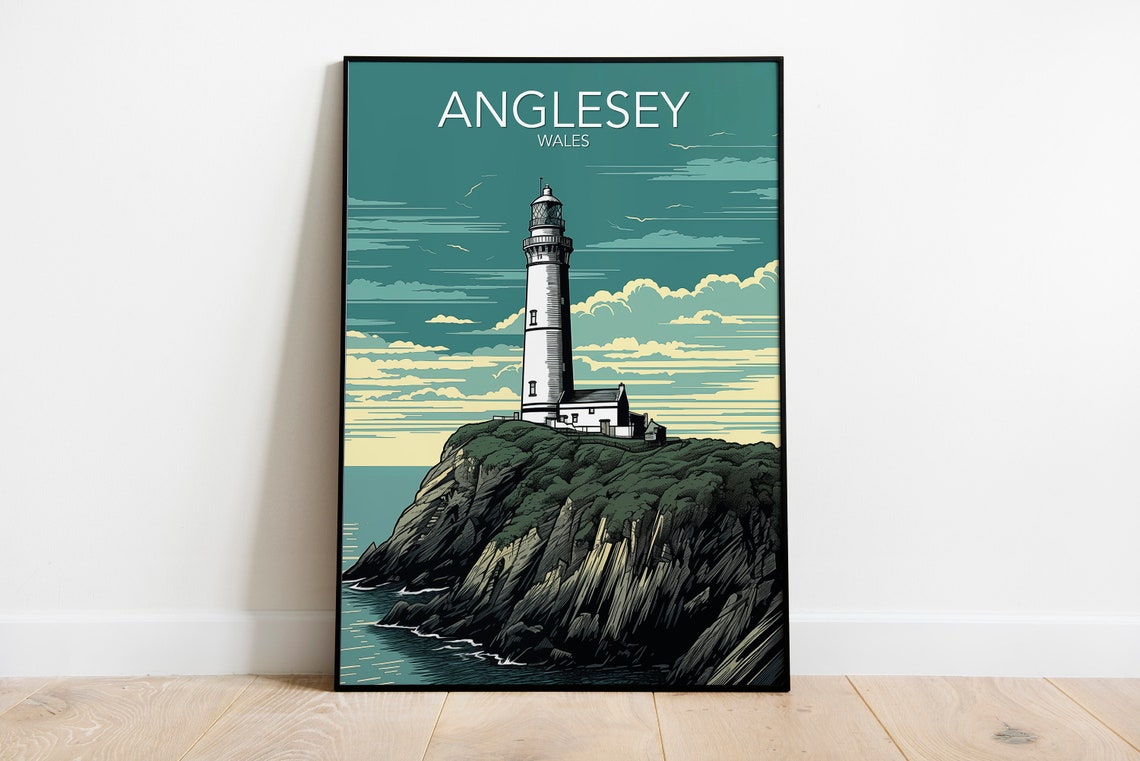 Anglesey Wales Lighthouse on Cliffs Coastal Vintage Style Art Poster