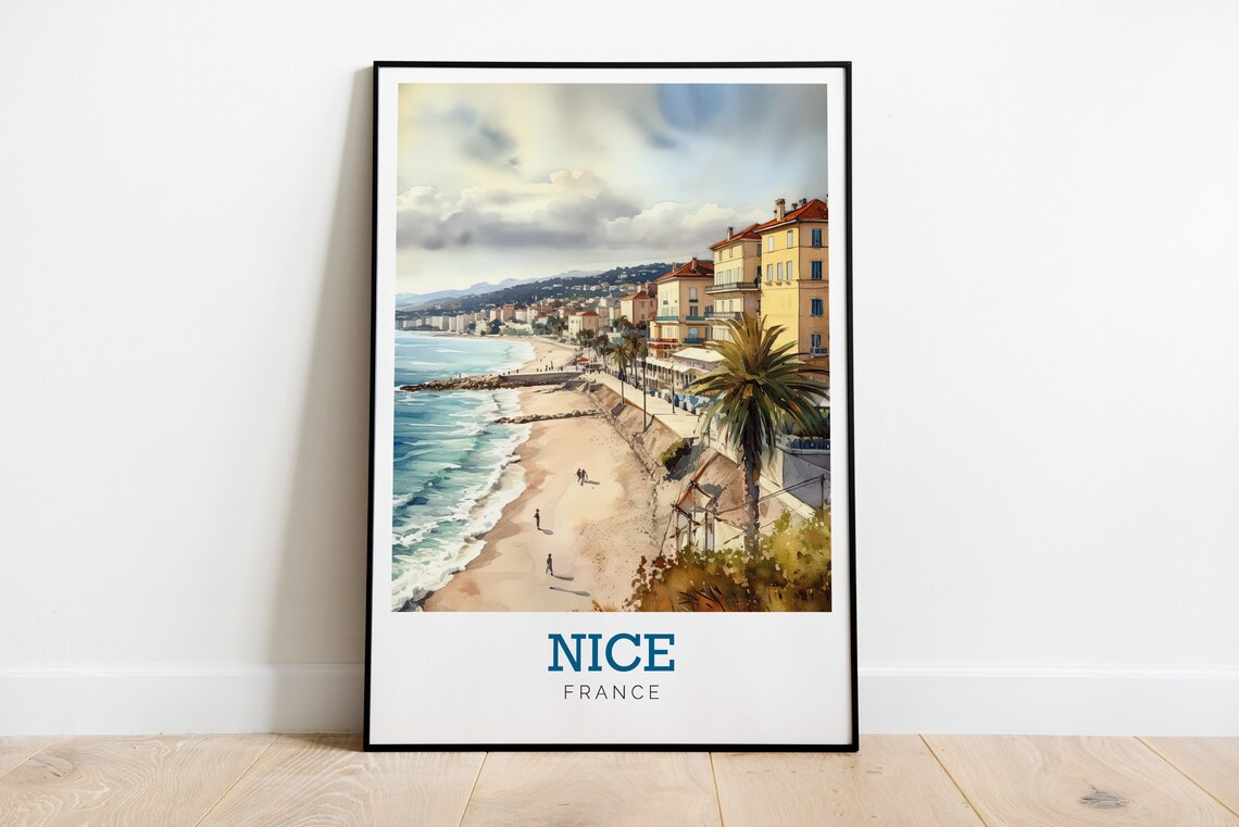 Nice France Riviera Beach Promenade Watercolor Travel Art Poster