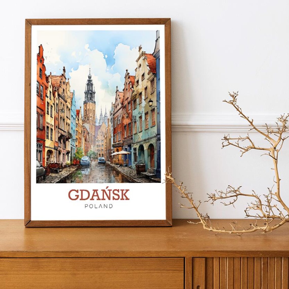 Gdańsk Poland Old Town Street Watercolor European City Travel Poster - Image 3