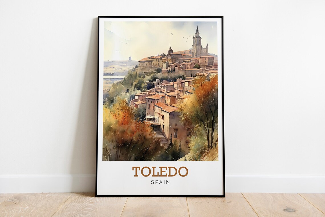 Toledo Spain Autumn Hilltop Old Town Watercolor Art Travel Poster