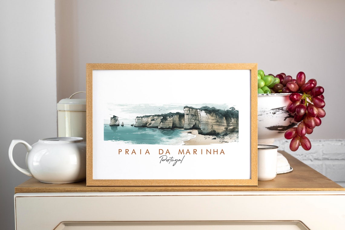 Praia da Marinha Portugal Sea Cliffs Beach Watercolor Art Poster - Image 3