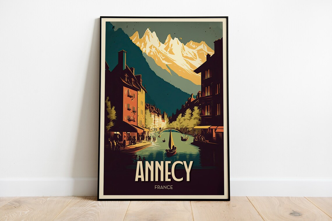 Annecy France Alpine Lake Canal Evening Vintage Travel Poster