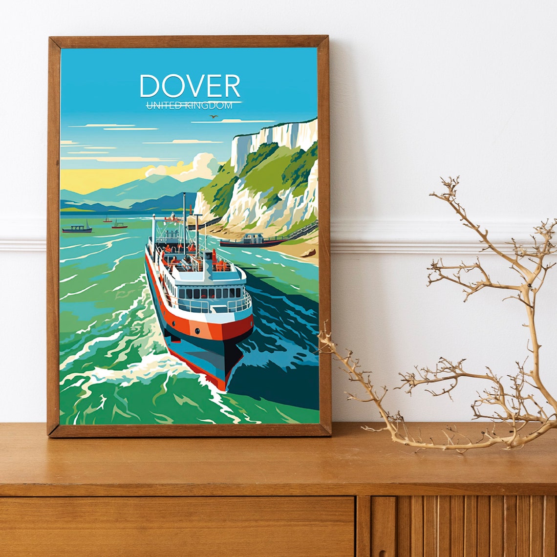 Dover England White Cliffs Ferry Crossing Vintage Travel Poster