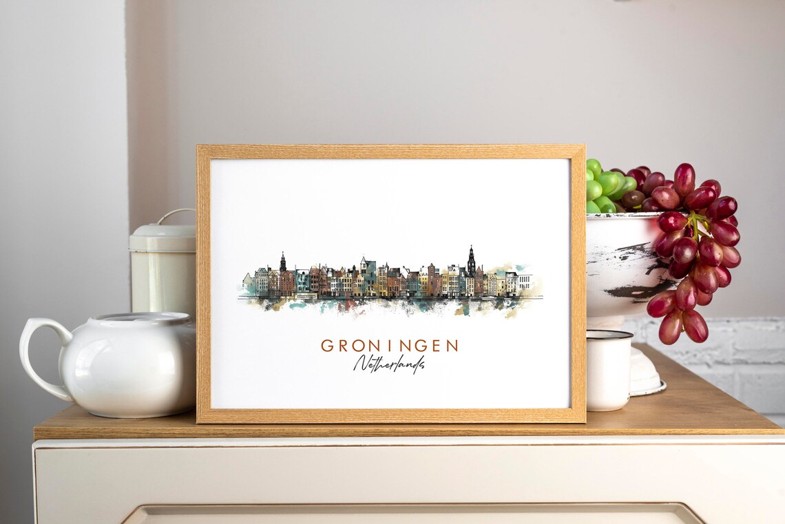 Groningen Netherlands Waterfront Skyline Watercolor Art Poster - Image 3