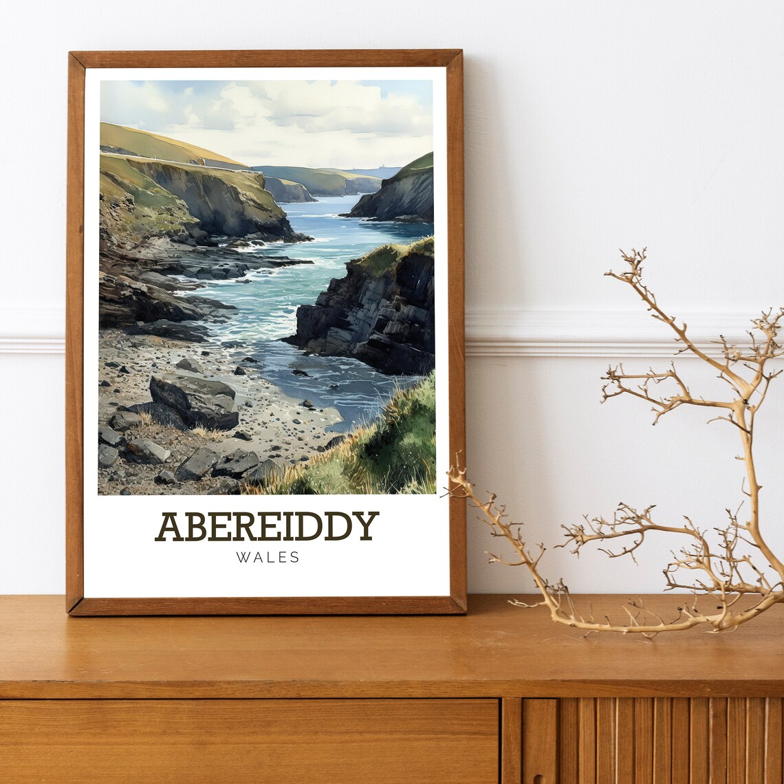 Abereiddy Wales Rocky Coastline Watercolor Art Travel Poster