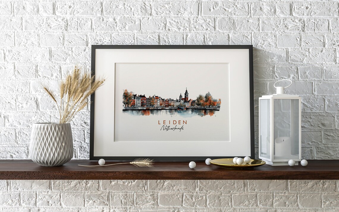 Leiden Netherlands Canal City Skyline Watercolor Art Travel Poster - Image 2