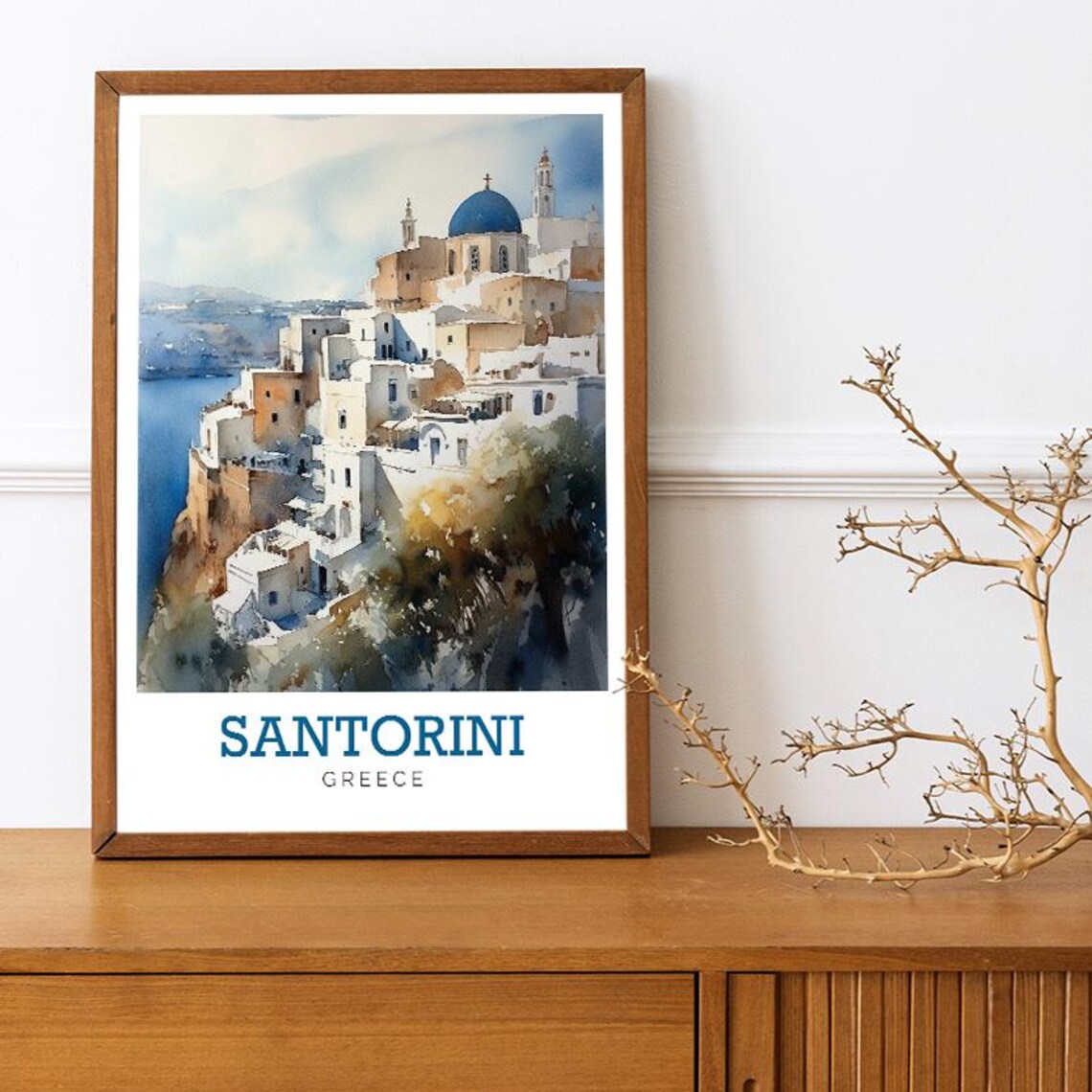 Santorini Greece Blue Dome Cliffside Village Watercolor Travel Poster - Image 3