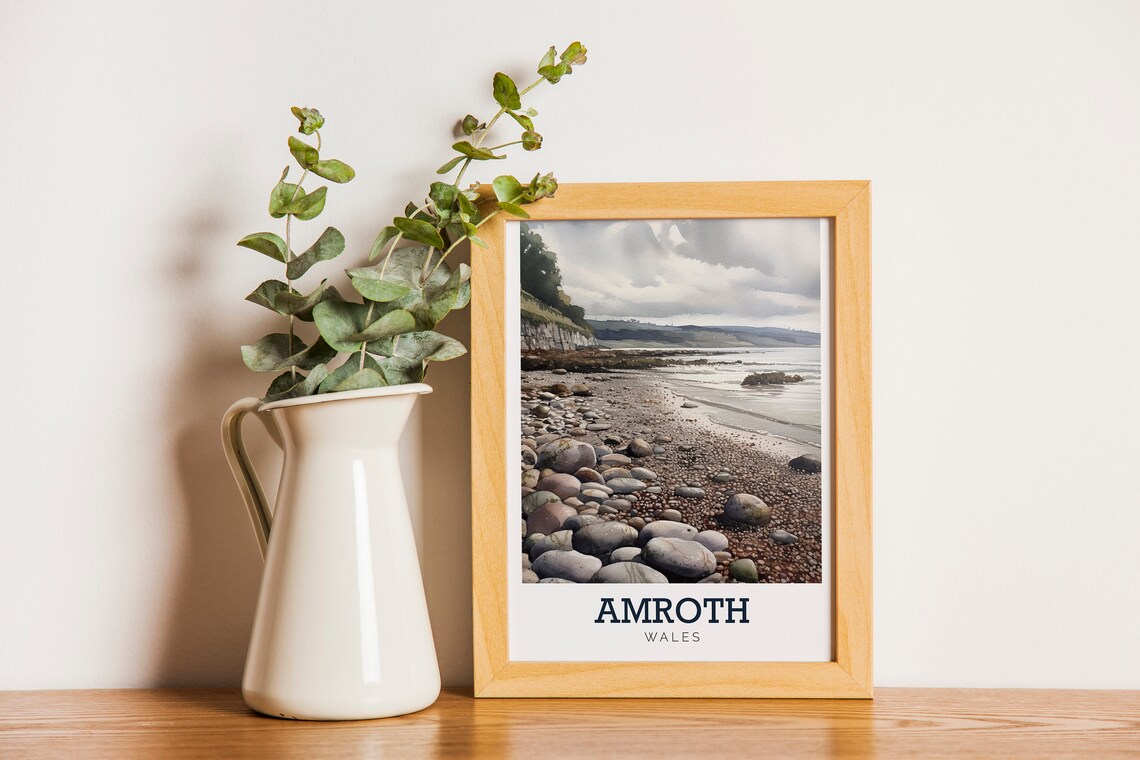 Amroth Wales Pebble Beach Coast Watercolor Art Travel Poster - Image 2