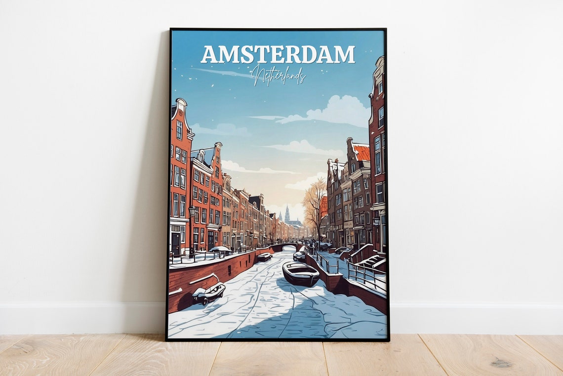 Amsterdam Netherlands Frozen Canal Winter Gabled Houses Poster