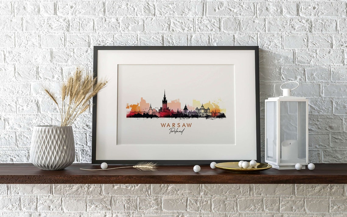 Warsaw Poland Dramatic City Sunset Skyline Ink Watercolor Poster - Image 2