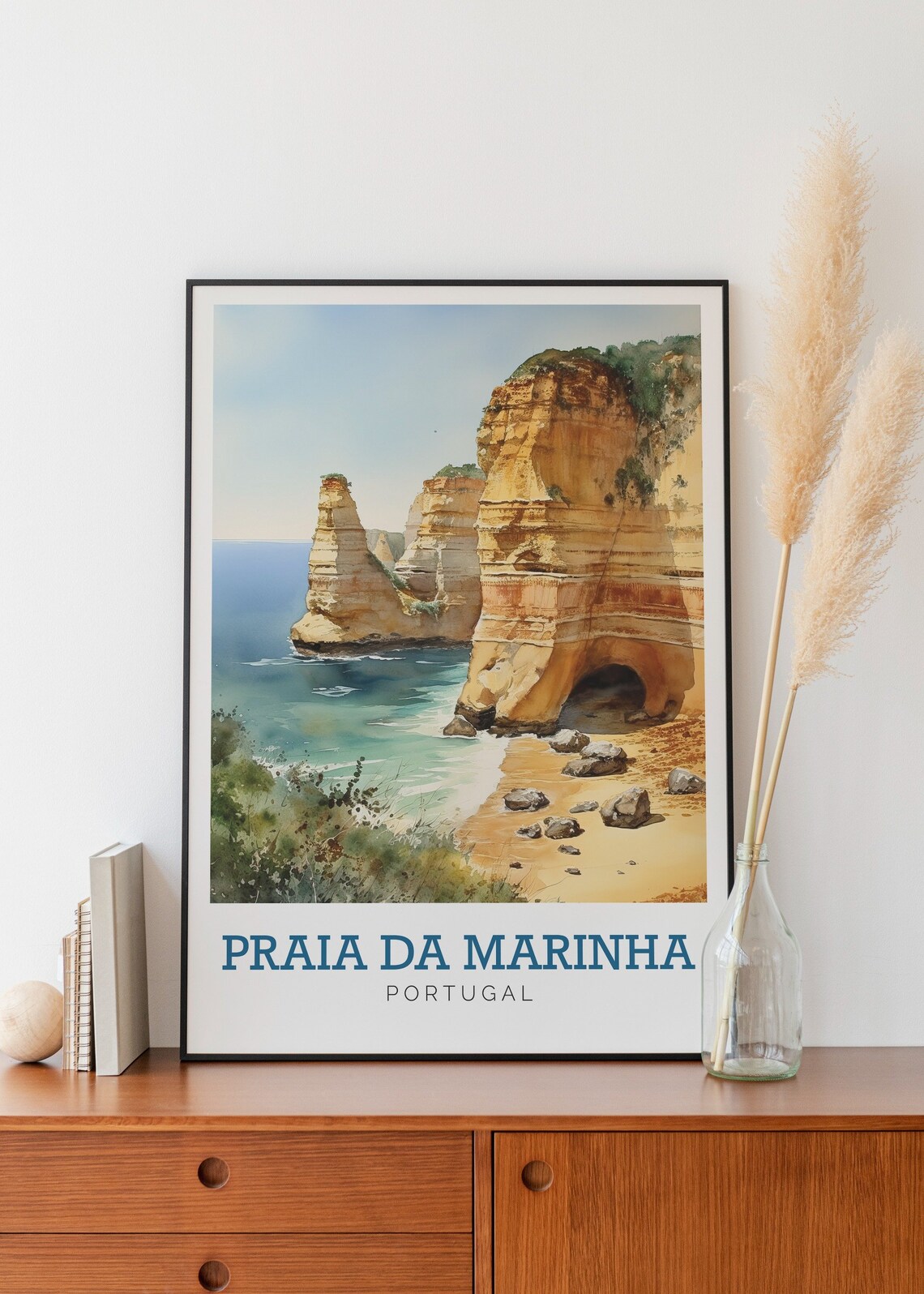 Praia Da Marinha Portugal Golden Sea Cliffs Watercolor Art Poster - Image 2