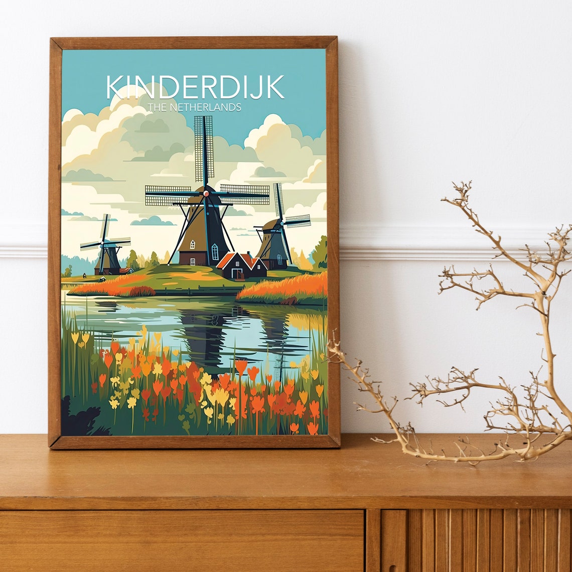 Kinderdijk Windmills Tulip Fields Netherlands Vintage Travel Poster - Image 3