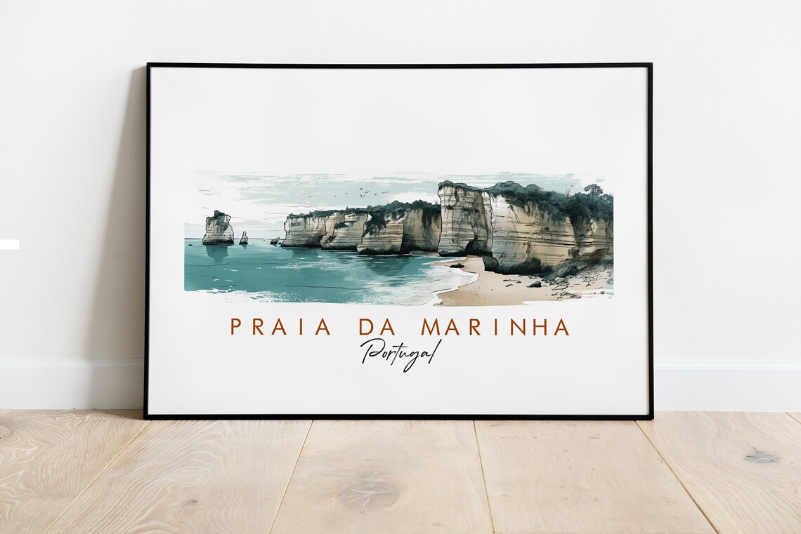 Praia da Marinha Portugal Sea Cliffs Beach Watercolor Art Poster