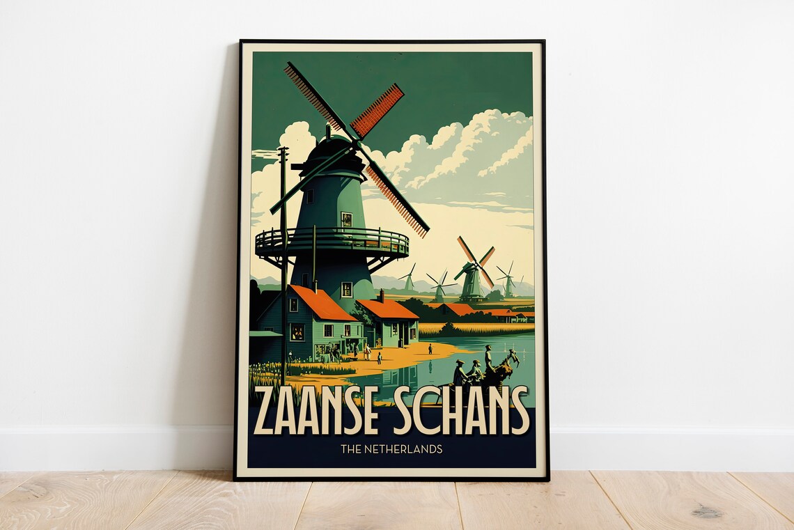 Zaanse Schans The Netherlands Windmill Village Retro Travel Poster