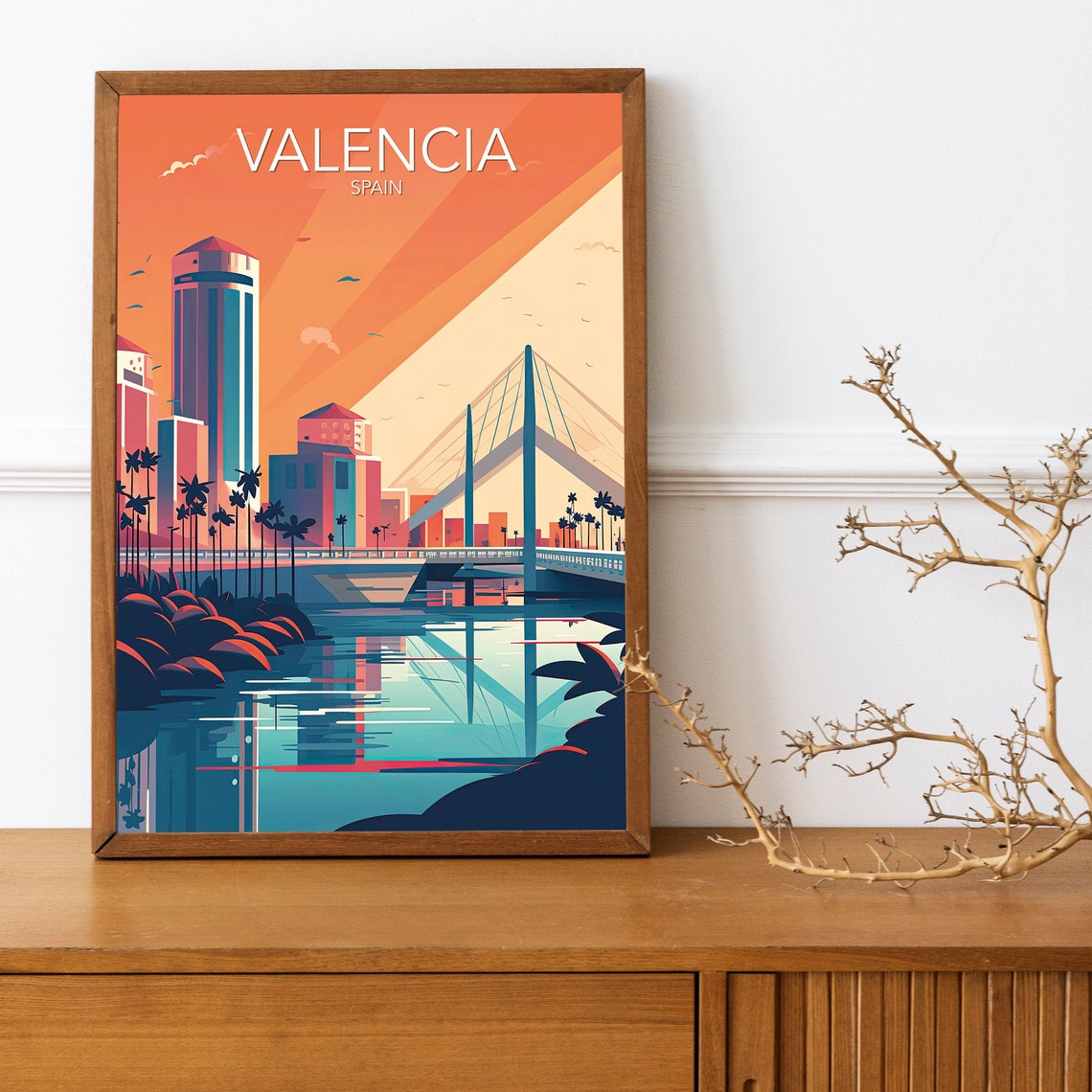 Valencia Modern Skyline River Bridge Spain Sunset Travel Poster - Image 3