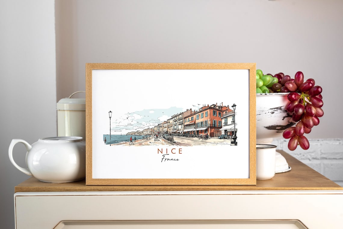 Nice France Seaside Promenade Waterfront Watercolor Art Poster - Image 3