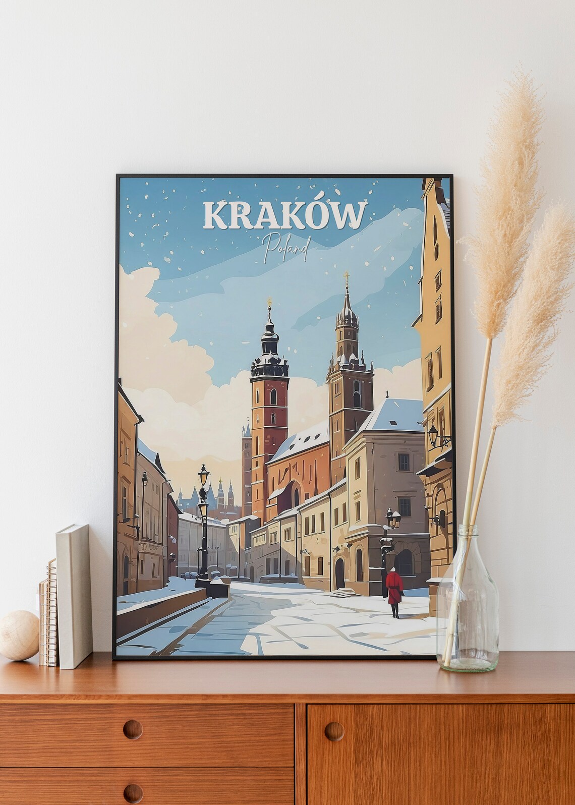 Krakow Poland Old Town Church Towers Snow Winter Travel Scene Poster - Image 2