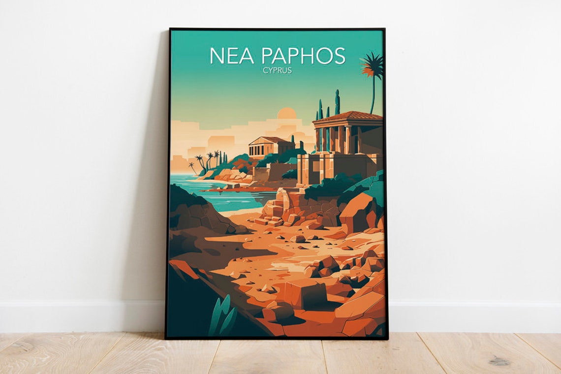 Nea Paphos Cyprus Ancient Ruins Coastline Golden Travel Poster