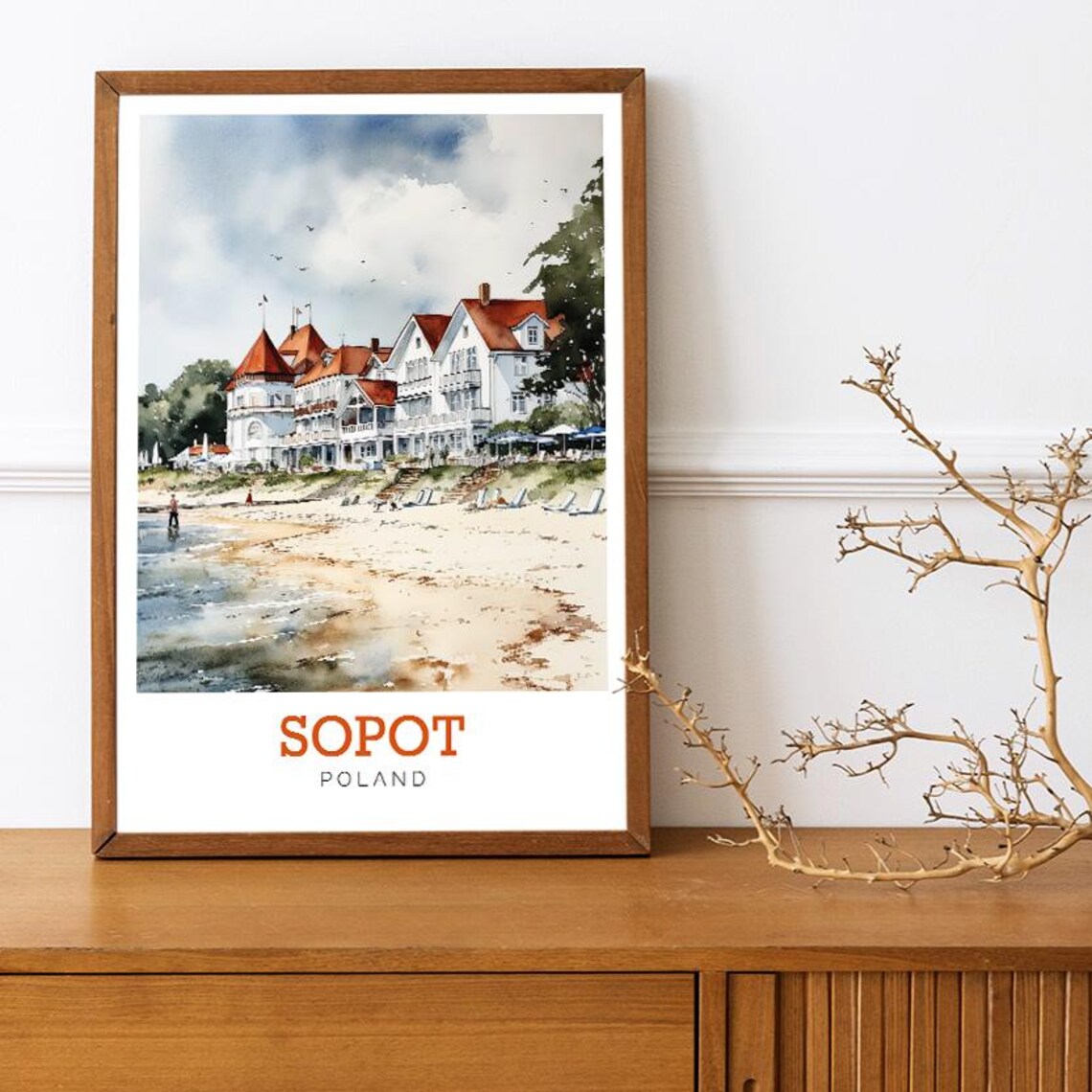 Sopot Poland Beach Grand Hotel Watercolor Baltic Coast Travel Poster - Image 3
