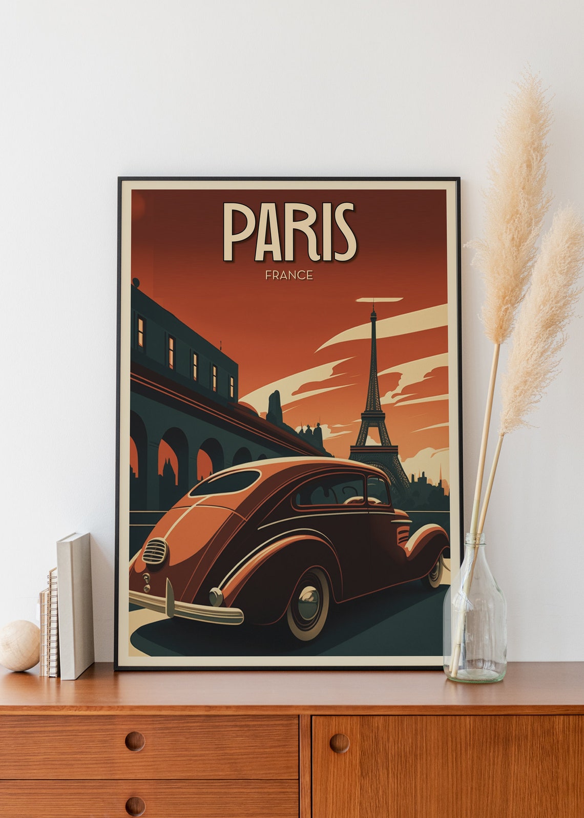 Paris France Eiffel Tower Classic Car Sunset Vintage Travel Poster - Image 2