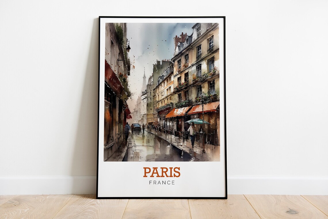 Paris France Rainy Street Cafe Watercolor Travel Art Scene Poster