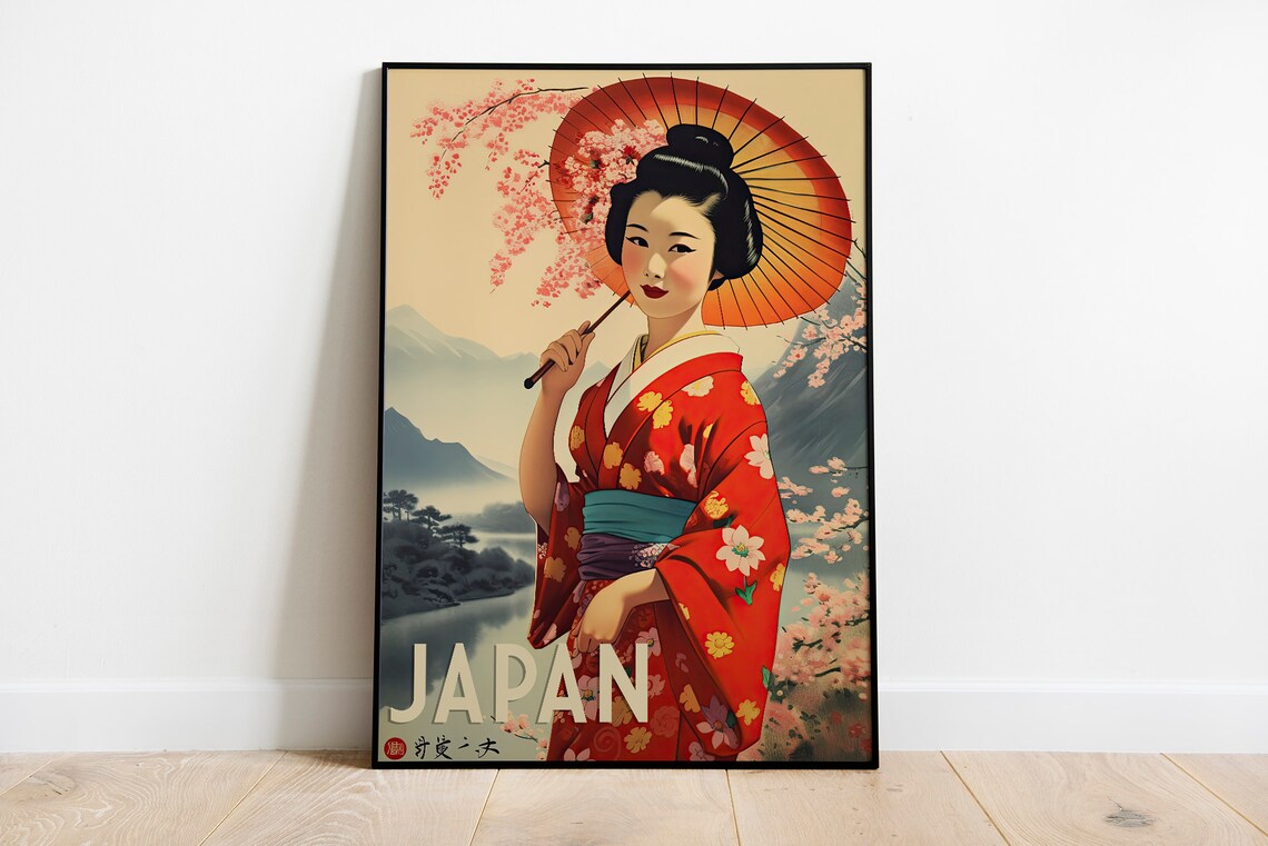 Elegant Geisha Japan Kimono Parasol Cherry Blossom Travel Poster