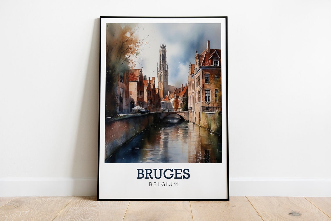 Bruges Belgium Canal Belfry Bridge Watercolor Travel Art Poster