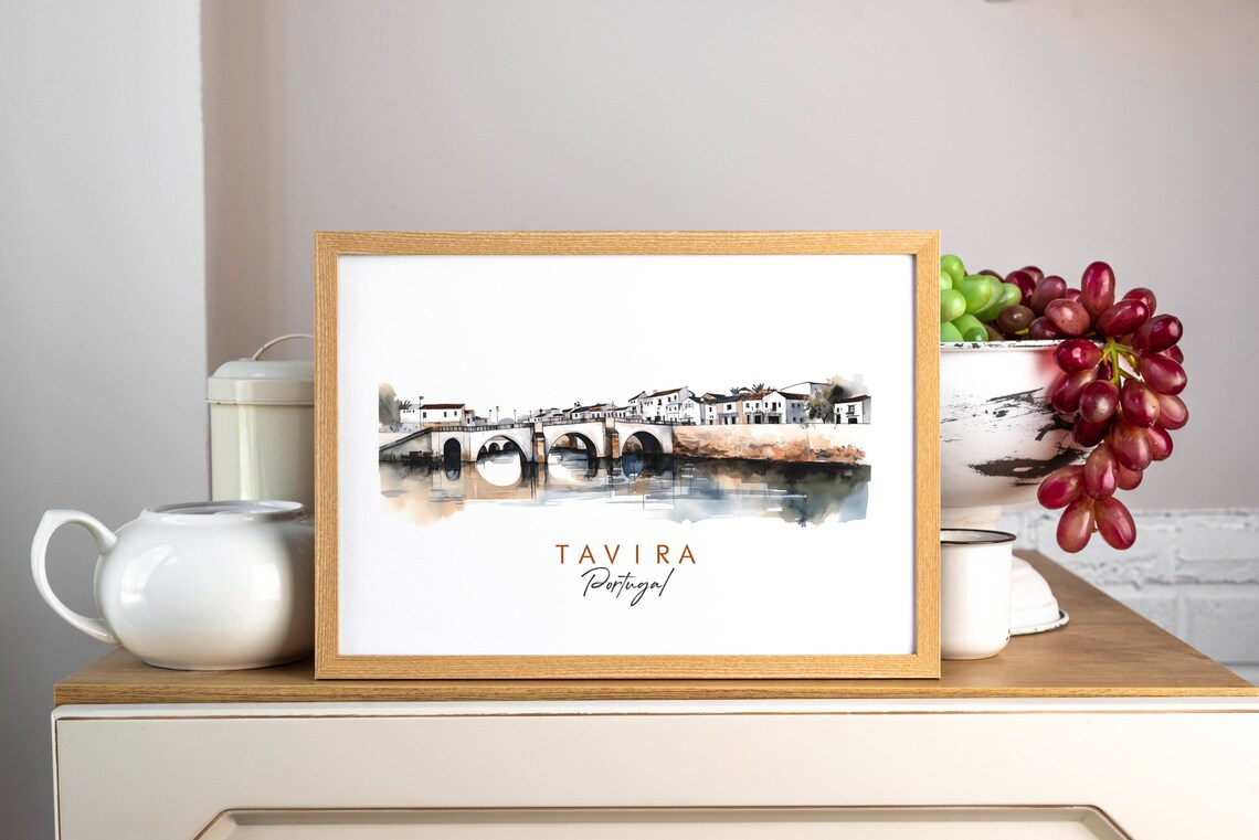 Tavira Portugal Arched Stone Bridge Riverside Watercolor Poster - Image 3