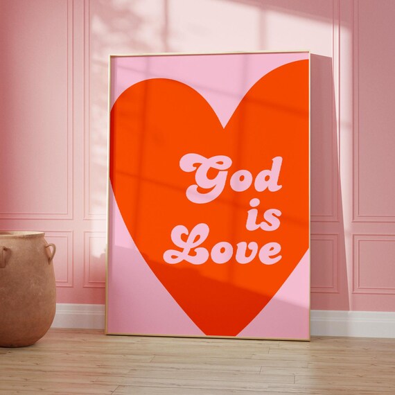 God Is Love Big Red Heart Retro Cream Script Faith Poster Cute Wall Decor